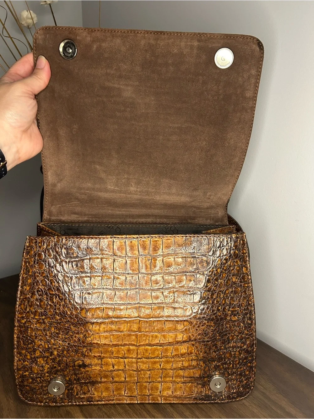Coccinelle Brown Croc Embossed Leather Shoulder Bag